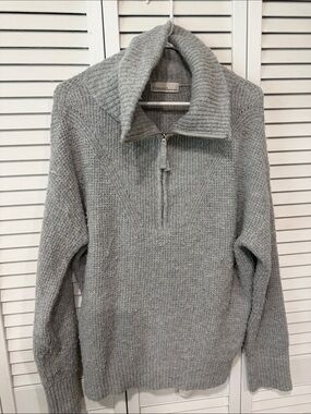 Zenana Outfitters Gray Half-Zip Ribbed Collar Sweater